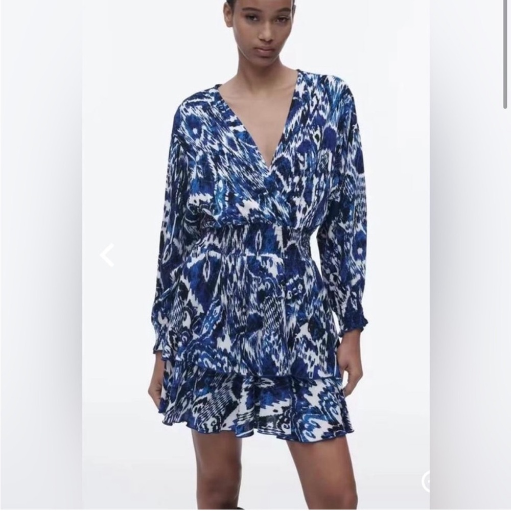 Zara Blue White V Neck Smocked Waist Tiered Ruffle Mini Dress nwot